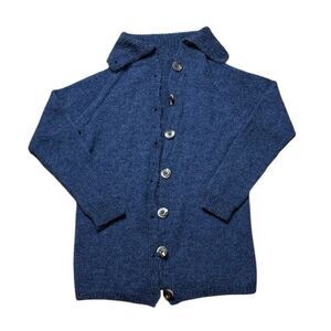 Women’s blue shawl collared knit long cardigan duster wool mohair handmade